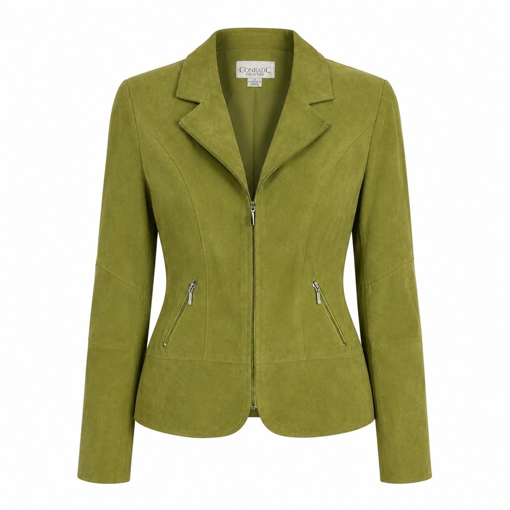 Conrad C Collection Moto Jacket 8 Green Faux Suede Zip Biker Chic Soft